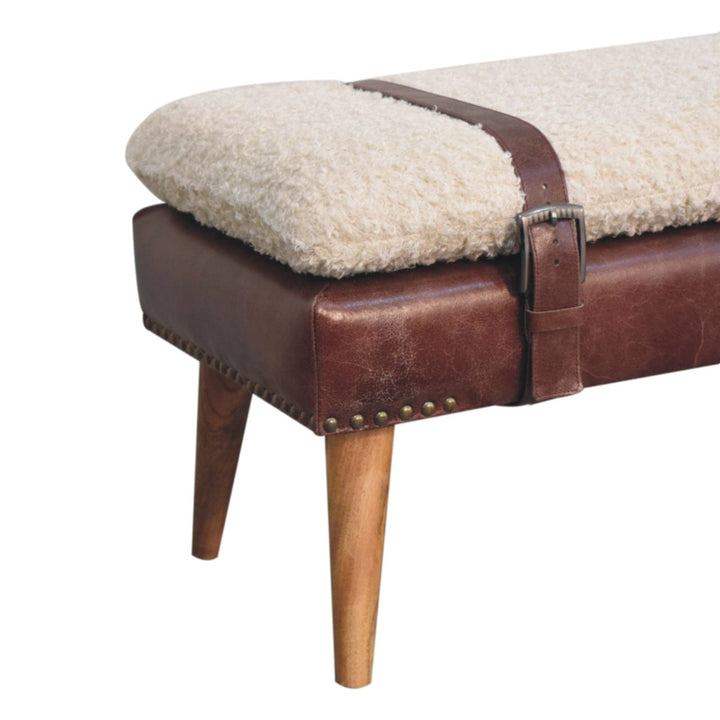 Rustic Boucle x Mahogany Leather Bench - Solid Mango Wood Seating Furniture for Entryway - product view 7 showing...