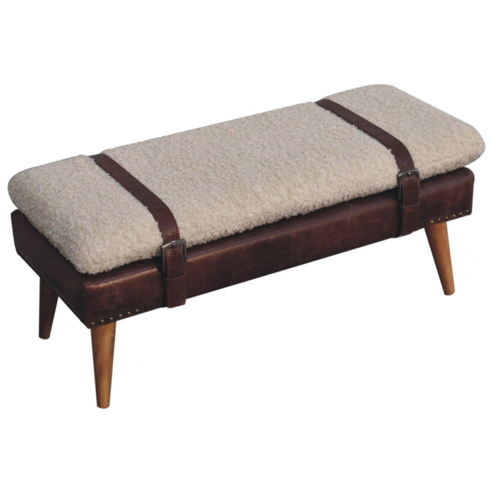 Rustic Boucle x Mahogany Leather Bench - Solid Mango Wood Seating Furniture for Entryway - product view 6 showing...