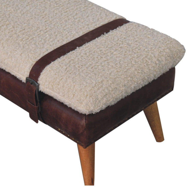 Rustic Boucle x Mahogany Leather Bench - Solid Mango Wood Seating Furniture for Entryway - product view 5 showing...