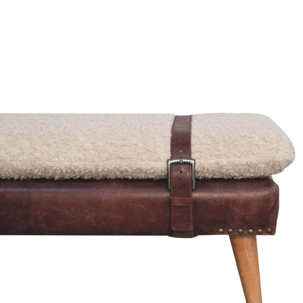Rustic Boucle x Mahogany Leather Bench - Solid Mango Wood Seating Furniture for Entryway - product view 4 showing...