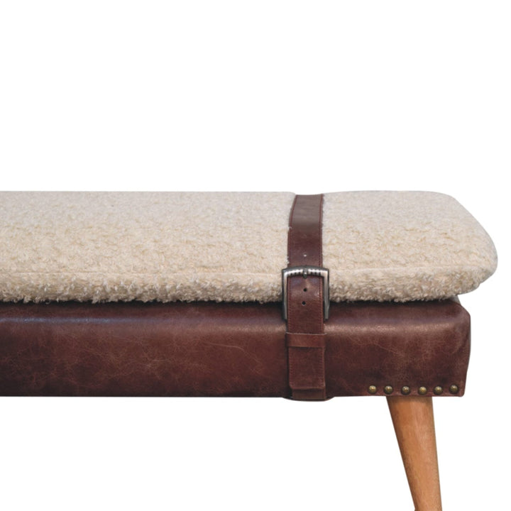 Rustic Boucle x Mahogany Leather Bench - Solid Mango Wood Seating Furniture for Entryway - product view 4 showing...