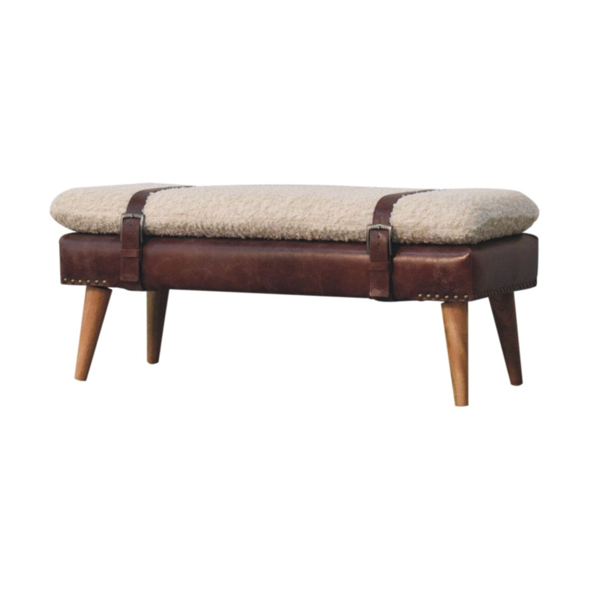 Rustic Boucle x Mahogany Leather Bench - Solid Mango Wood Seating Furniture for Entryway - product view 3 showing...