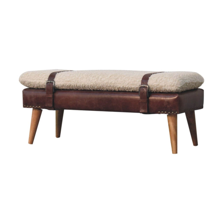 Rustic Boucle x Mahogany Leather Bench - Solid Mango Wood Seating Furniture for Entryway - product view 3 showing...