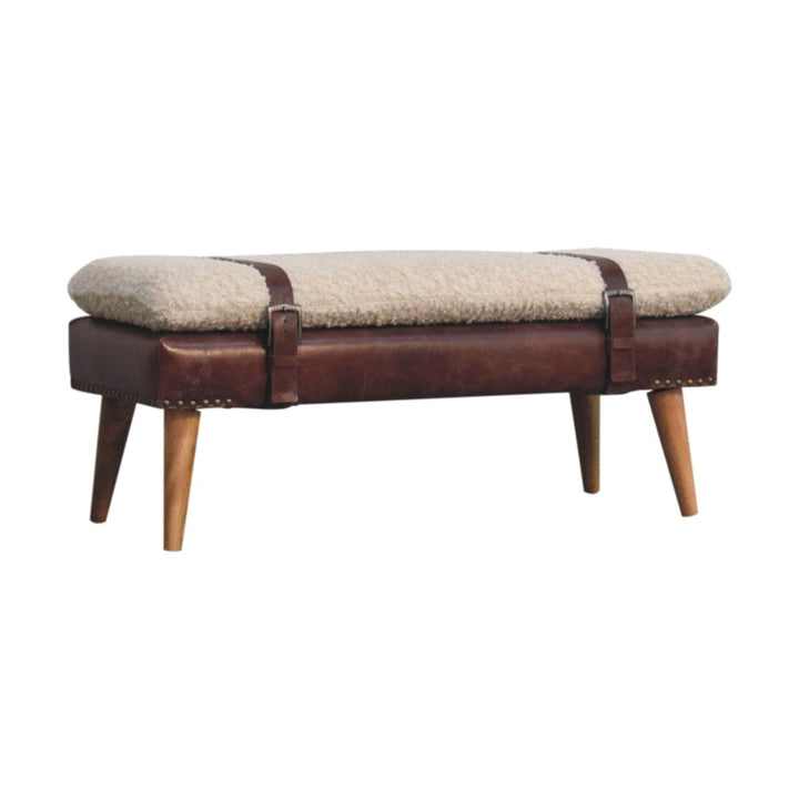 Rustic Boucle x Mahogany Leather Bench - Solid Mango Wood Seating Furniture for Entryway - product view 2 showing...
