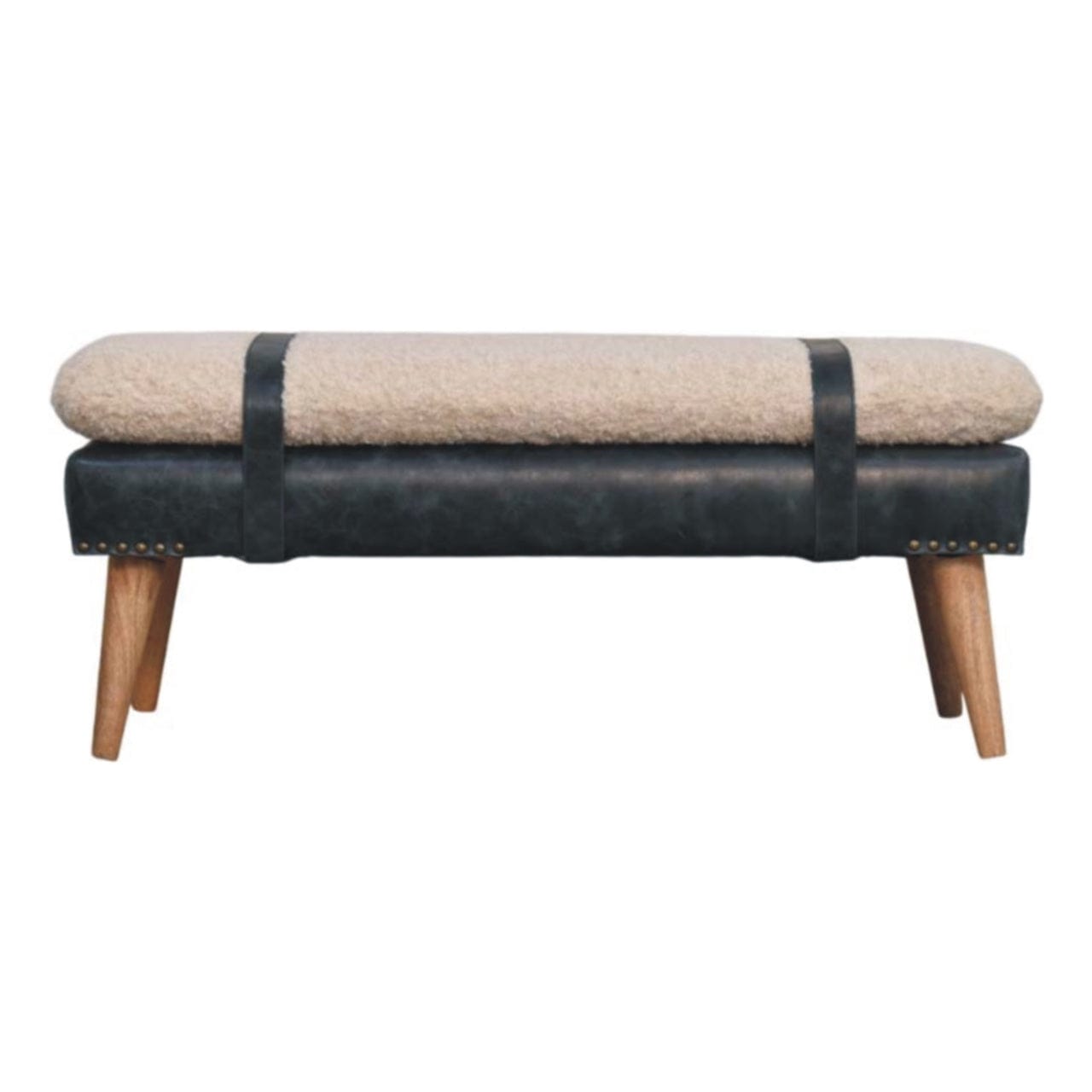 Mid-Century Modern Boucle x Olive Green Leather Bench - Solid Mango Wood Seating Furniture for Entryway - product view 9...