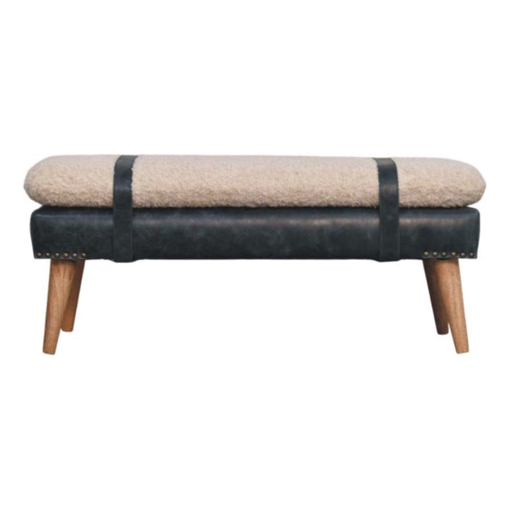 Mid-Century Modern Boucle x Olive Green Leather Bench - Solid Mango Wood Seating Furniture for Entryway - product view 9...