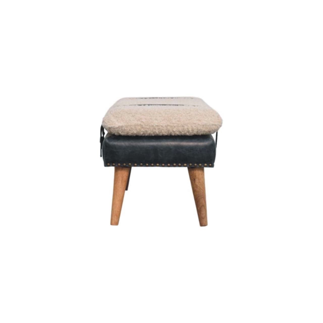 Mid-Century Modern Boucle x Olive Green Leather Bench - Solid Mango Wood Seating Furniture for Entryway - product view 8...