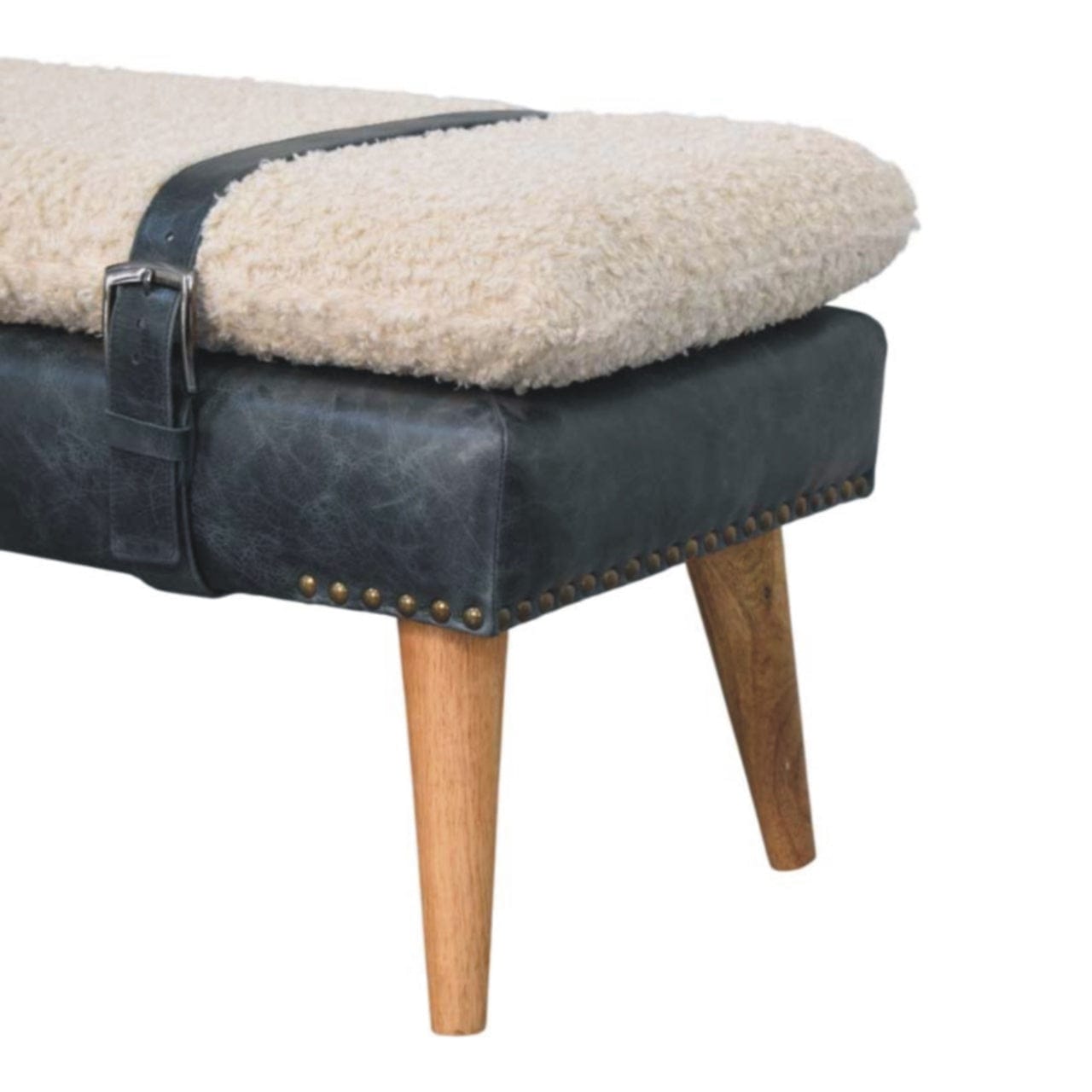 Mid-Century Modern Boucle x Olive Green Leather Bench - Solid Mango Wood Seating Furniture for Entryway - product view 7...
