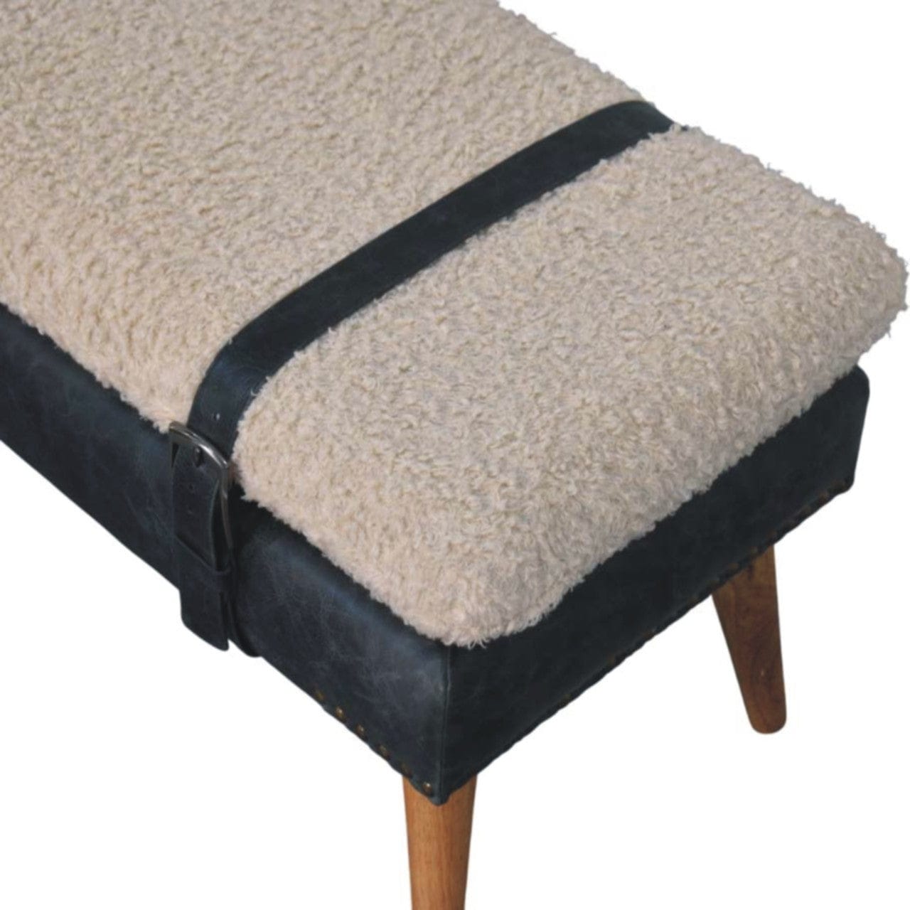 Mid-Century Modern Boucle x Olive Green Leather Bench - Solid Mango Wood Seating Furniture for Entryway - product view 6...