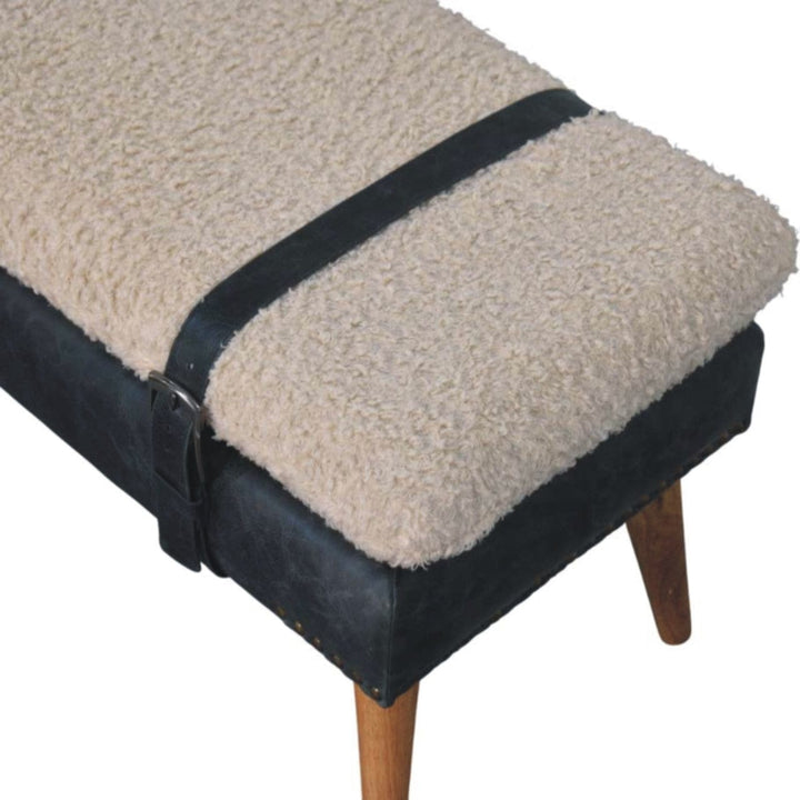 Mid-Century Modern Boucle x Olive Green Leather Bench - Solid Mango Wood Seating Furniture for Entryway - product view 6...