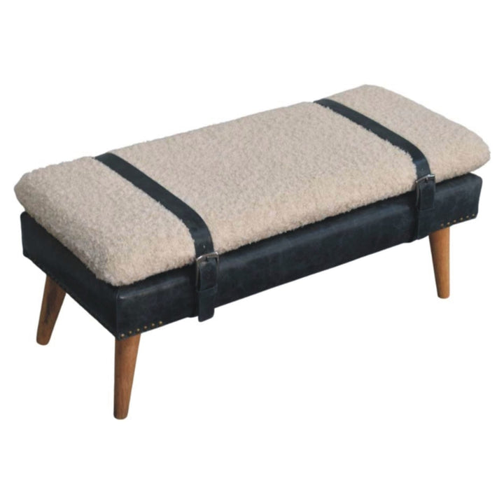 Mid-Century Modern Boucle x Olive Green Leather Bench - Solid Mango Wood Seating Furniture for Entryway - product view 5...