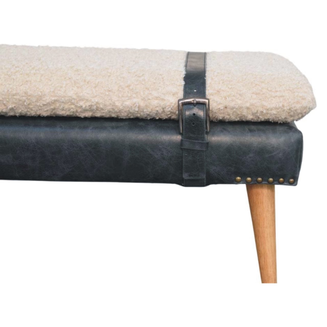 Mid-Century Modern Boucle x Olive Green Leather Bench - Solid Mango Wood Seating Furniture for Entryway - product view 4...