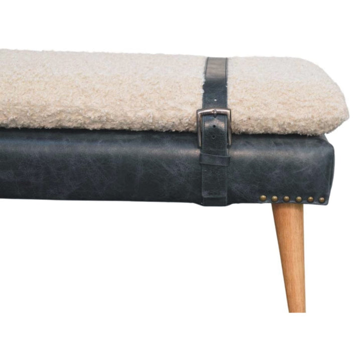 Mid-Century Modern Boucle x Olive Green Leather Bench - Solid Mango Wood Seating Furniture for Entryway - product view 4...