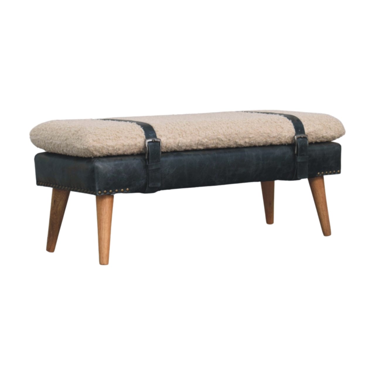 Mid-Century Modern Boucle x Olive Green Leather Bench - Solid Mango Wood Seating Furniture for Entryway - product view 3...