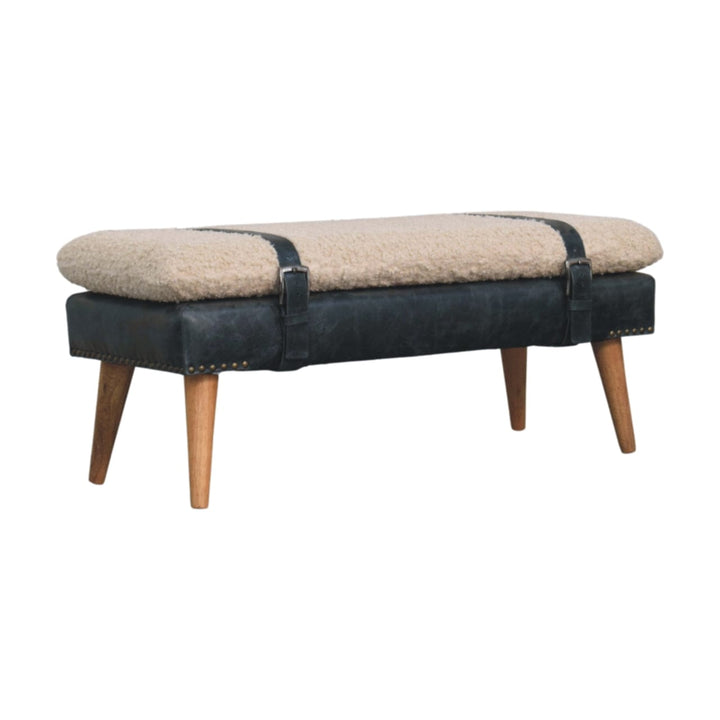Mid-Century Modern Boucle x Olive Green Leather Bench - Solid Mango Wood Seating Furniture for Entryway - product view 3...