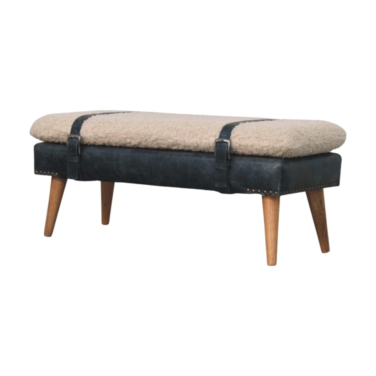 Mid-Century Modern Boucle x Olive Green Leather Bench - Solid Mango Wood Seating Furniture for Entryway - product view 2...