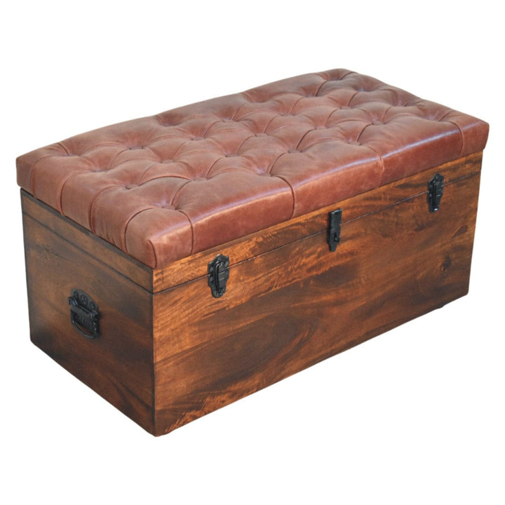 Mid-Century Modern Brown Buffalo hide leather Storage Trunk - Solid Mango Wood Blanket Chest for Bedroom - product view 5...