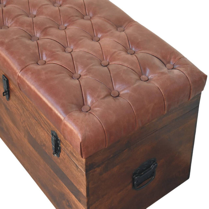 Mid-Century Modern Brown Buffalo hide leather Storage Trunk - Solid Mango Wood Blanket Chest for Bedroom - product view 4...
