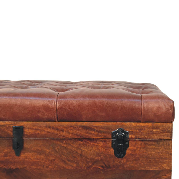 Mid-Century Modern Brown Buffalo hide leather Storage Trunk - Solid Mango Wood Blanket Chest for Bedroom - product view 3...
