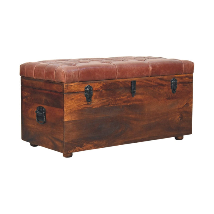 Mid-Century Modern Brown Buffalo hide leather Storage Trunk - Solid Mango Wood Blanket Chest for Bedroom - main view...