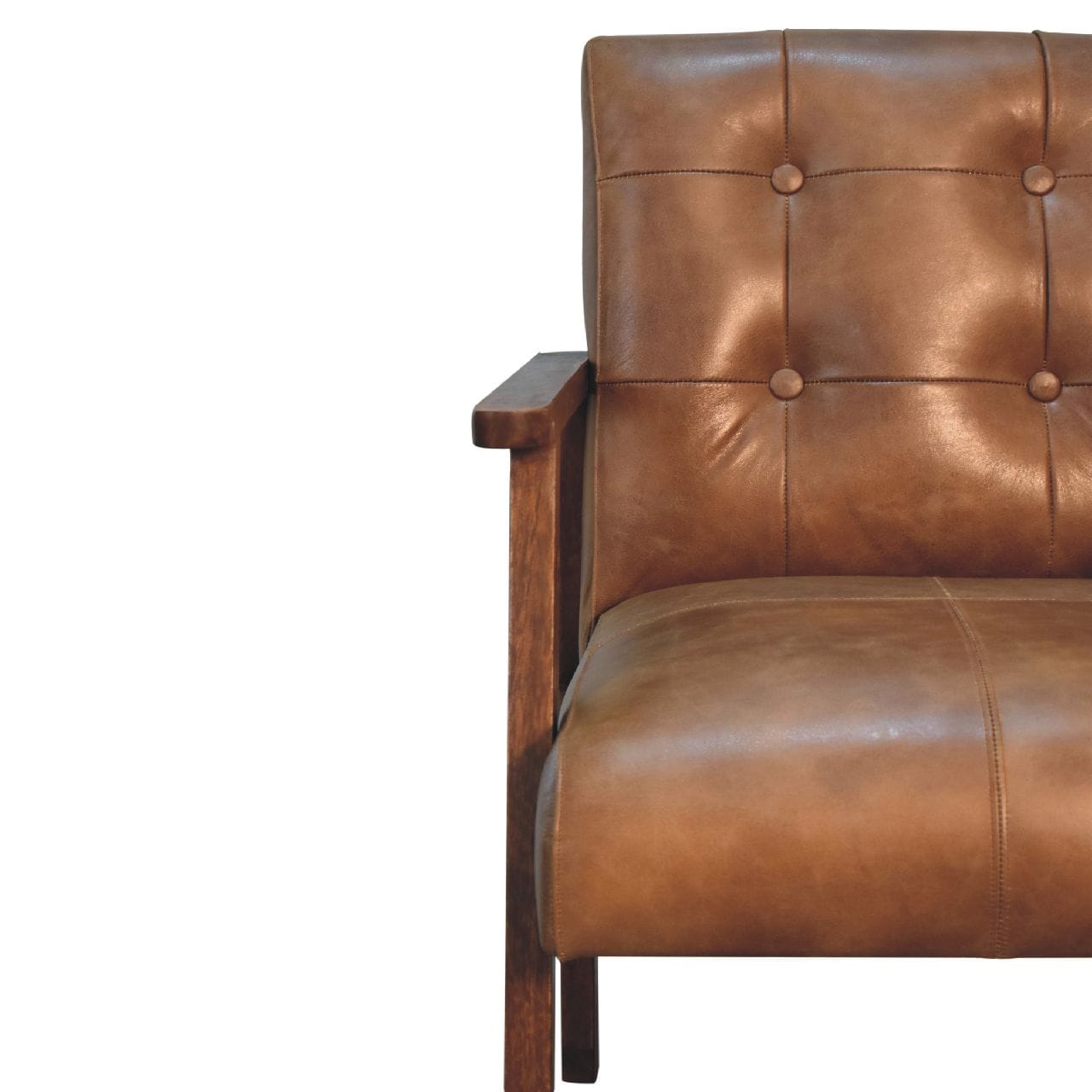 Mid-Century Modern Brown Buffalo Leather Chair in Solid Mango Wood - product view 5 showing handcrafted solid mango wood...