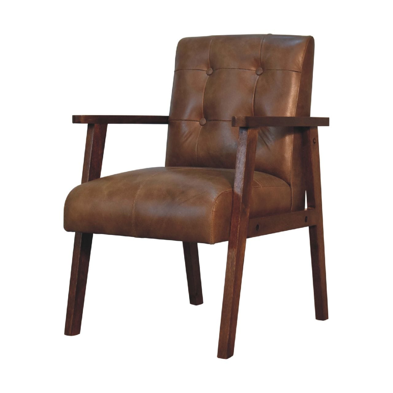 Mid-Century Modern Brown Buffalo Leather Chair in Solid Mango Wood - product view 3 showing handcrafted solid mango wood...