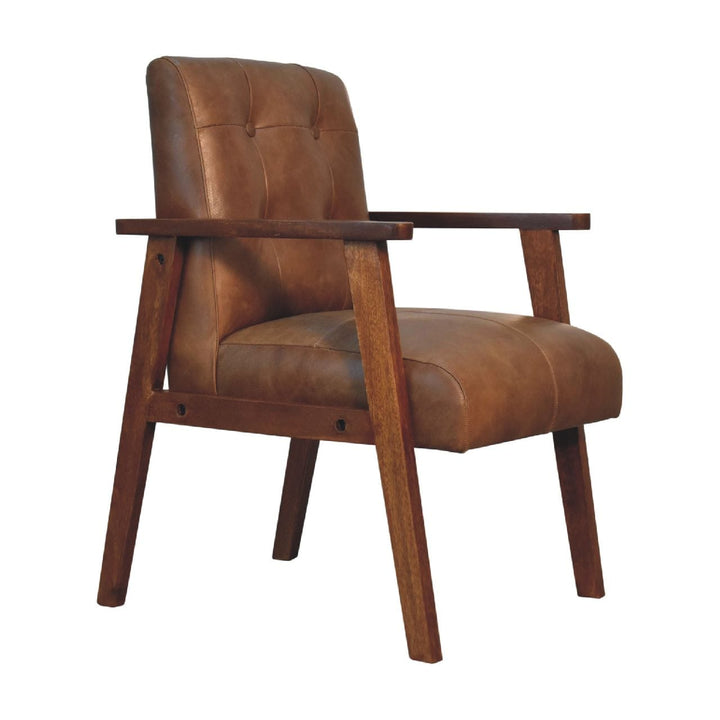 Mid-Century Modern Brown Buffalo Leather Chair in Solid Mango Wood - product view 2 showing handcrafted solid mango wood...