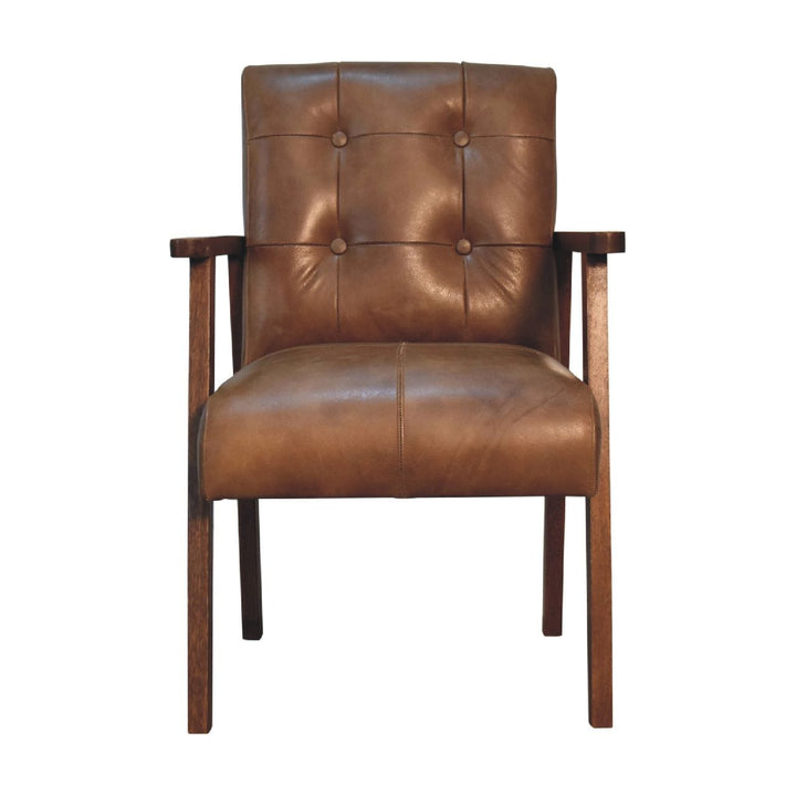Mid-Century Modern Brown Buffalo Leather Chair in Solid Mango Wood - main view showing handcrafted solid mango wood chair