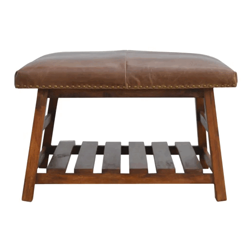 Mid-Century Modern Buffalo Hide Square Foot Stool - Solid Mango Wood Accent Seating - product view 7 showing handcrafted...