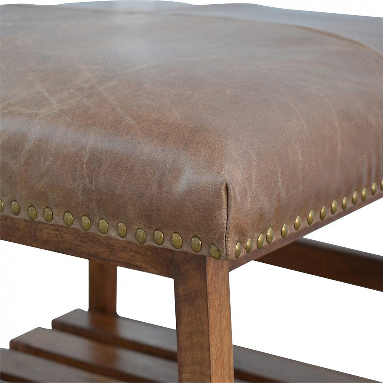 Mid-Century Modern Buffalo Hide Square Foot Stool - Solid Mango Wood Accent Seating - product view 6 showing handcrafted...