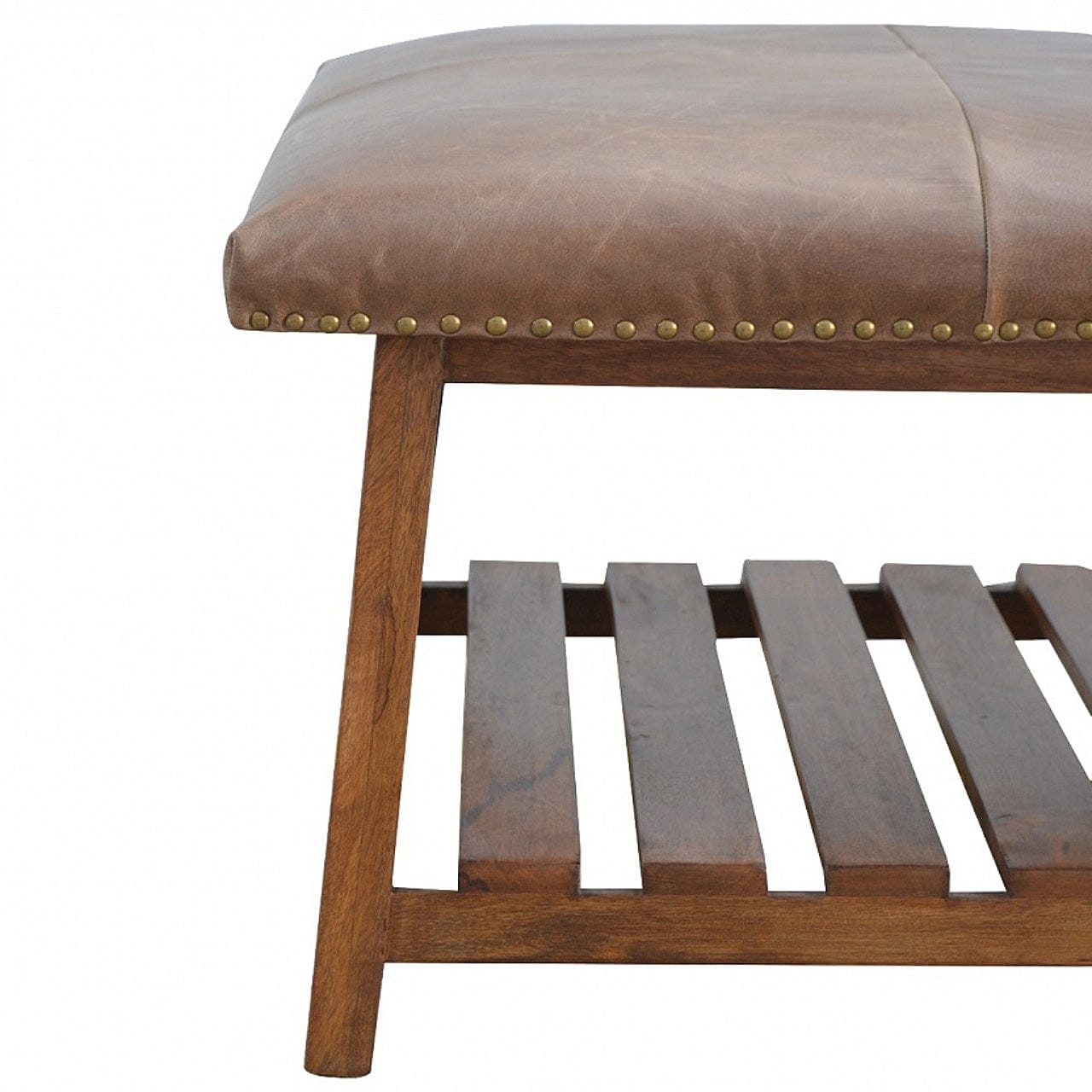 Mid-Century Modern Buffalo Hide Square Foot Stool - Solid Mango Wood Accent Seating - product view 4 showing handcrafted...