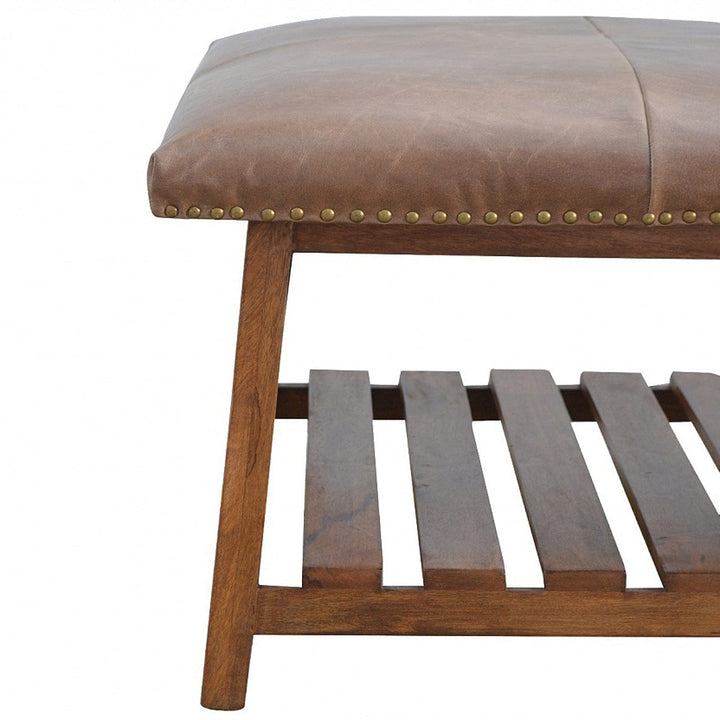 Mid-Century Modern Buffalo Hide Square Foot Stool - Solid Mango Wood Accent Seating - product view 4 showing handcrafted...