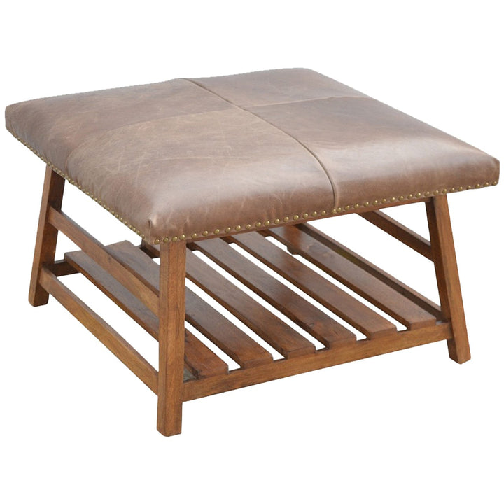 Mid-Century Modern Buffalo Hide Square Foot Stool - Solid Mango Wood Accent Seating - product view 3 showing handcrafted...