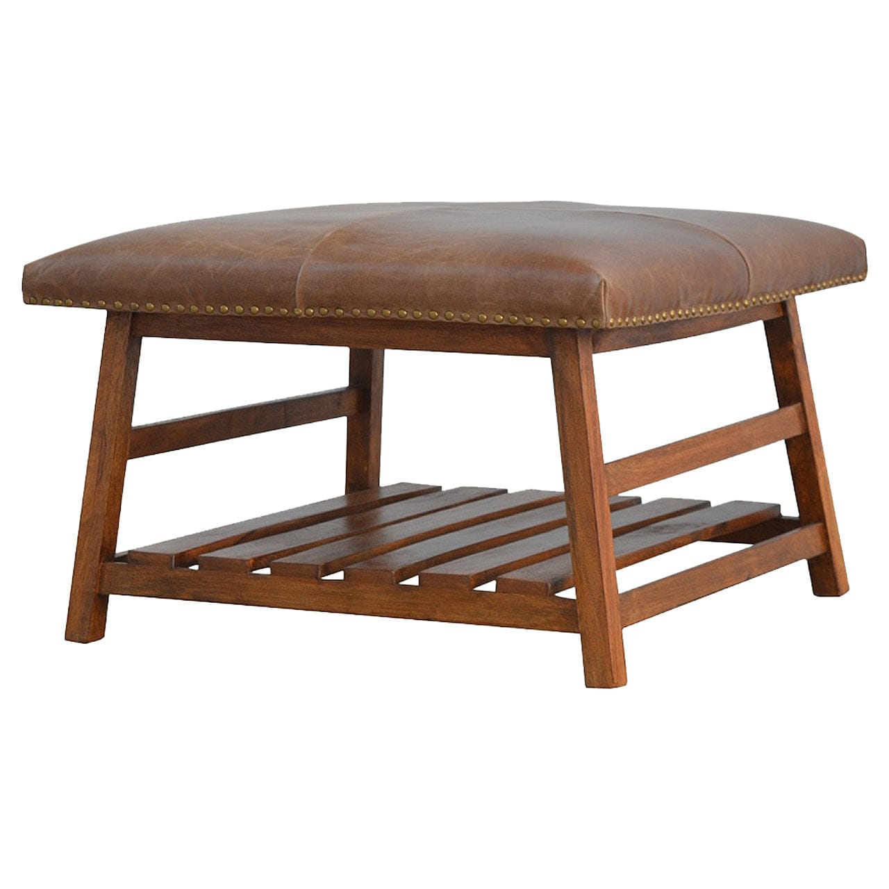 Mid-Century Modern Buffalo Hide Square Foot Stool - Solid Mango Wood Accent Seating - product view 2 showing handcrafted...