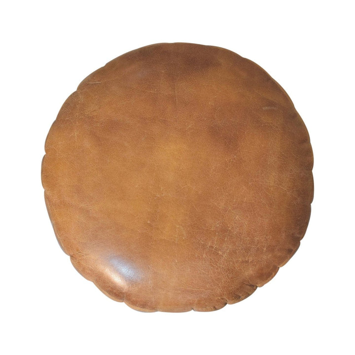 Mid-Century Modern Buffalo Leather Boucle Footstool - Solid Mango Wood Accent Stool for Living Room - product view 8...