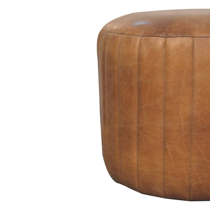 Mid-Century Modern Buffalo Leather Boucle Footstool - Solid Mango Wood Accent Stool for Living Room - product view 7...