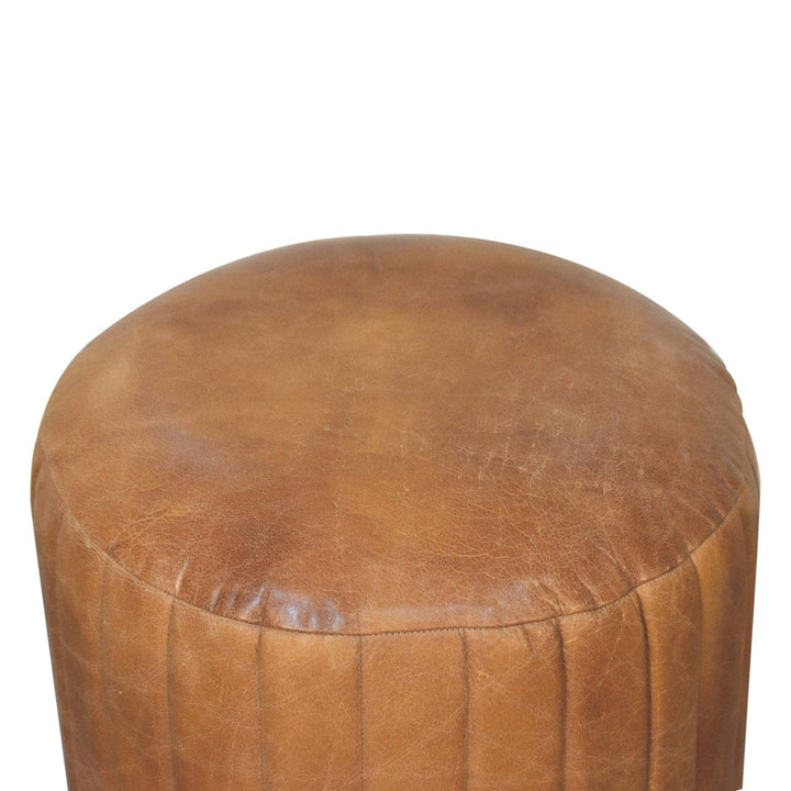 Mid-Century Modern Buffalo Leather Boucle Footstool - Solid Mango Wood Accent Stool for Living Room - product view 6...