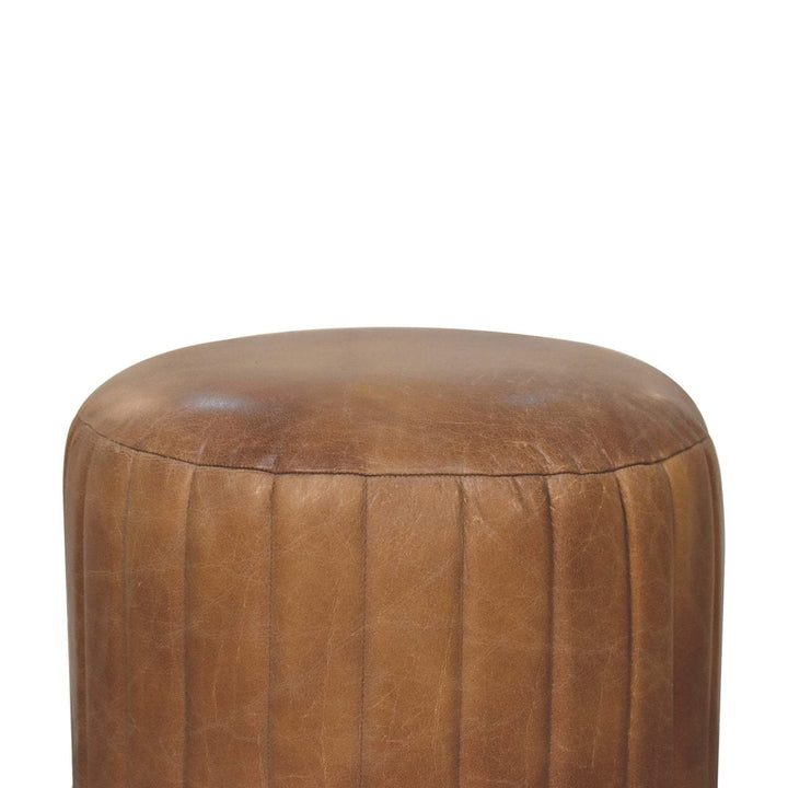 Mid-Century Modern Buffalo Leather Boucle Footstool - Solid Mango Wood Accent Stool for Living Room - product view 5...