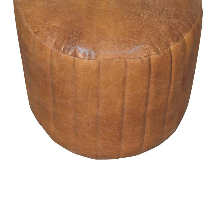 Mid-Century Modern Buffalo Leather Boucle Footstool - Solid Mango Wood Accent Stool for Living Room - product view 4...