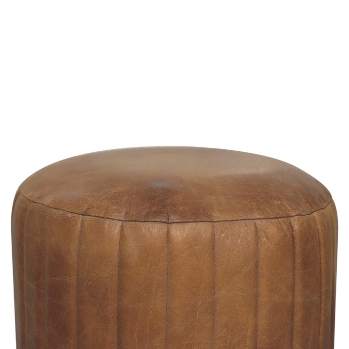Mid-Century Modern Buffalo Leather Boucle Footstool - Solid Mango Wood Accent Stool for Living Room - product view 3...