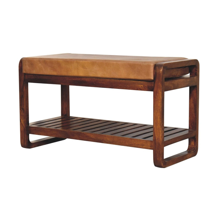 Rustic Buffalo Slatted Hallway Bench - Solid Mango Wood Seating Furniture for Entryway - product view 3 showing...