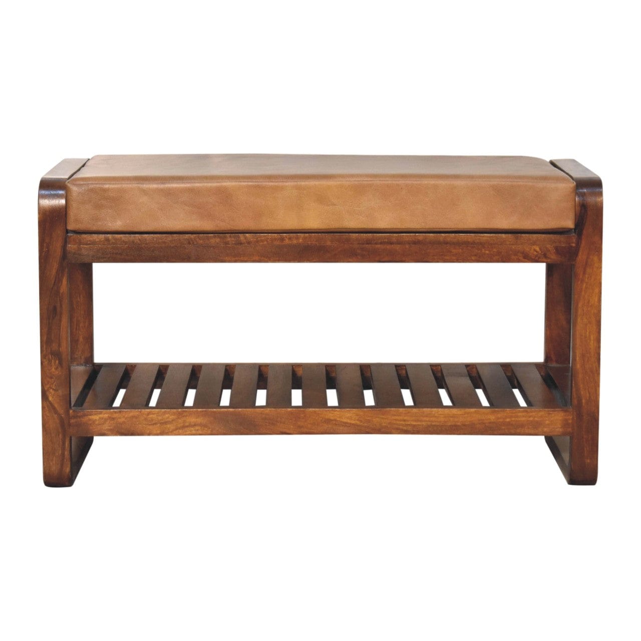 Rustic Buffalo Slatted Hallway Bench - Solid Mango Wood Seating Furniture for Entryway - product view 2 showing...