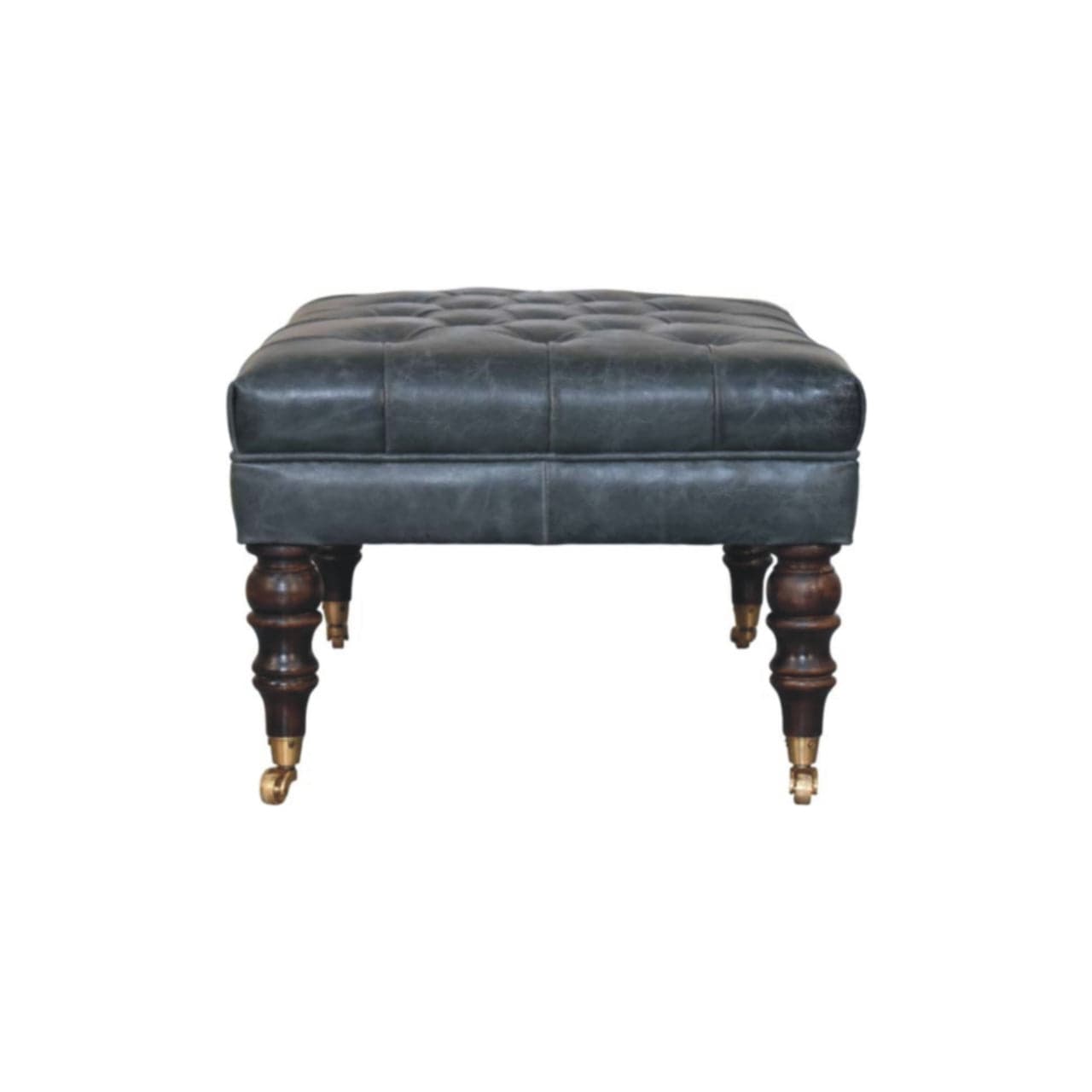 Buffalo Teal Leather Ottoman - Solid Mango Wood Accent Stool for Living Room - product view 8 showing handcrafted solid...