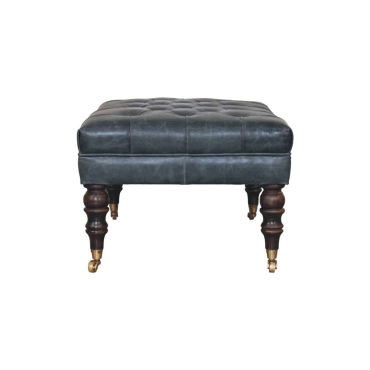 Buffalo Teal Leather Ottoman - Solid Mango Wood Accent Stool for Living Room - product view 8 showing handcrafted solid...