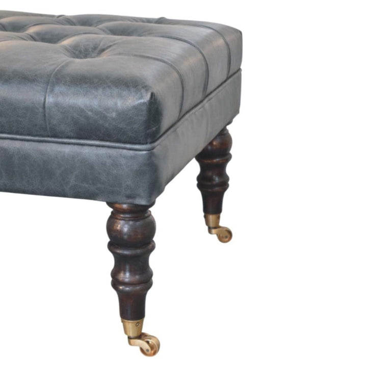 Buffalo Teal Leather Ottoman - Solid Mango Wood Accent Stool for Living Room - product view 7 showing handcrafted solid...