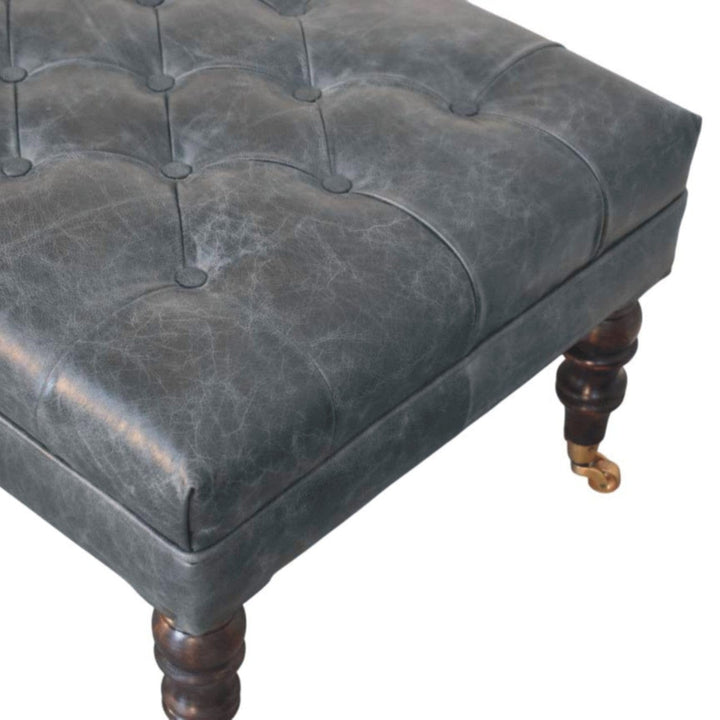 Buffalo Teal Leather Ottoman - Solid Mango Wood Accent Stool for Living Room - product view 6 showing handcrafted solid...