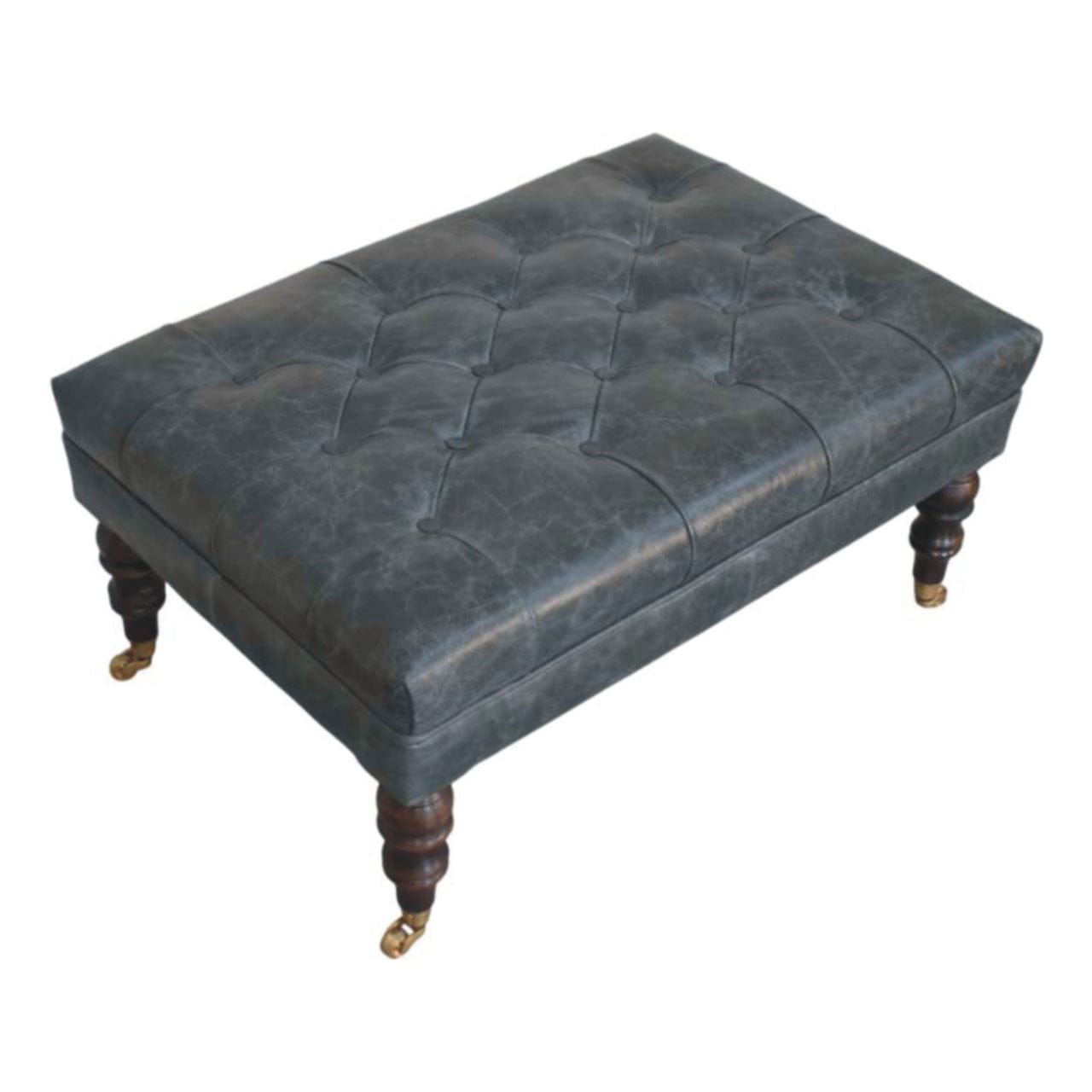 Buffalo Teal Leather Ottoman - Solid Mango Wood Accent Stool for Living Room - product view 5 showing handcrafted solid...
