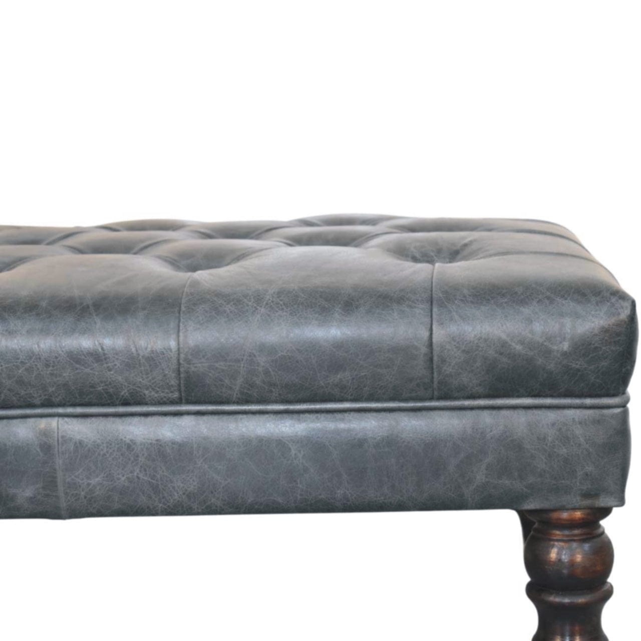 Buffalo Teal Leather Ottoman - Solid Mango Wood Accent Stool for Living Room - product view 4 showing handcrafted solid...