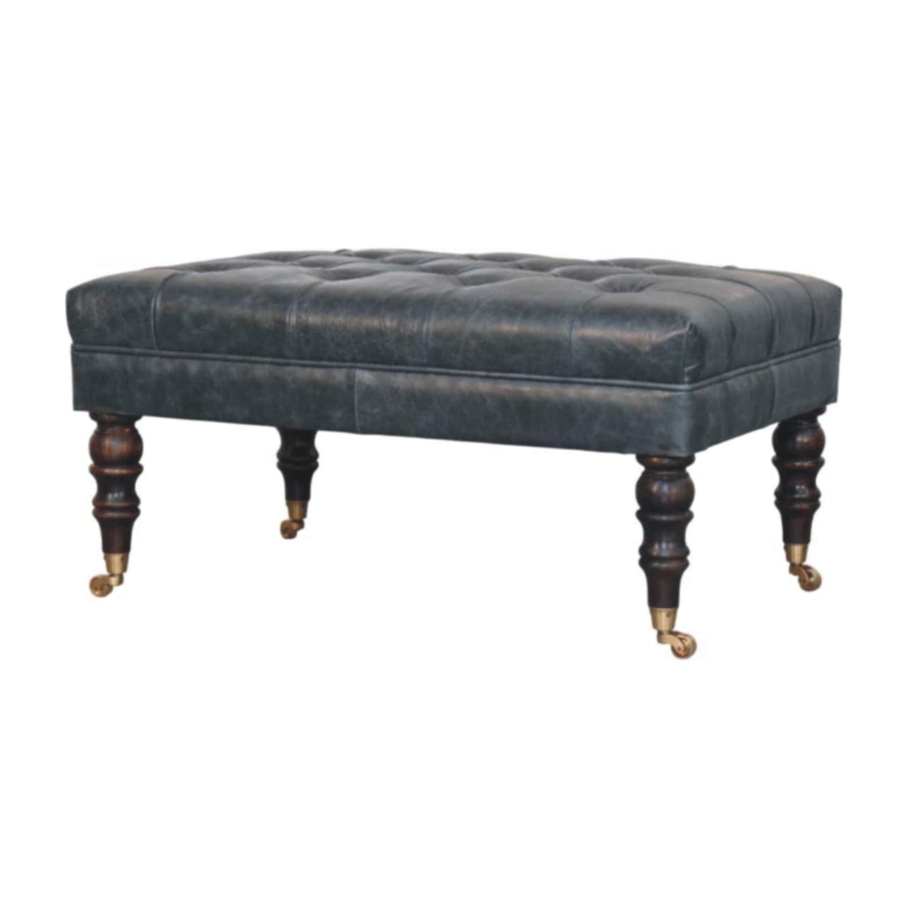 Buffalo Teal Leather Ottoman - Solid Mango Wood Accent Stool for Living Room - product view 3 showing handcrafted solid...