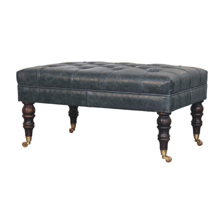 Buffalo Teal Leather Ottoman - Solid Mango Wood Accent Stool for Living Room - product view 3 showing handcrafted solid...